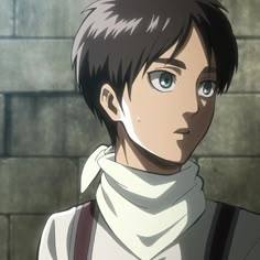 an anime character with short black hair wearing a white shirt and necktie, standing in front of a brick wall