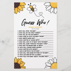 a yellow and black daisy themed guess game