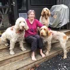 a woman sitting on the steps with four dogs