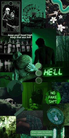 a collage of green images with the words hell on them and an image of a man