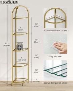 the measurements for a gold metal shelf with glass shelves on each side and an image of a