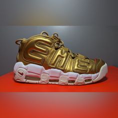 Pre-Owned In Excellent Condition No Box. Thanks For Your Interest. Nike Air More Uptempo, Nike Air More, Nike Gold, Mens Shoes Sneakers, Men's Nike, Metallic Gold, Nike Men, Nike Shoes, Gold Metal