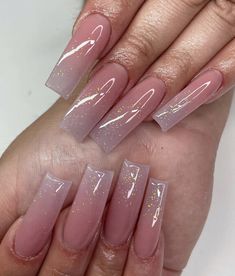 Pink And Glitter Ombre Nails, Pink Ombre Glitter Acrylic Nails, Plain Glitter Acrylic Nails, Light Pink Nails Birthday, Long Neutral Acrylic Nails, Glitter Square Acrylic Nails, Glitter Ombre Nails Square, Black Nail Inspo Coffin, Ombre Glitter Nails Acrylic