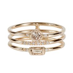 From our Gravity collection, wear one or collect them all for the perfect stack! This ring is made for the girl on the go, three stack rings connected all in one. Details: -14k yellow gold -natural champagne and white diamonds, approx. 0.31ct -handmade in NYC Stack Rings, Diamond Stacks, Stack Ring, Bridal Engagement Rings, Baguette Diamonds, Bridal Bands, Champagne Diamond, Wrap Rings, Engagement Ring Wedding Band