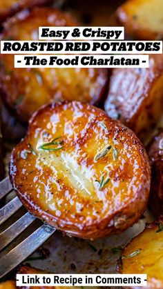 a fork with some food on it next to potatoes and other foods that have been cooked