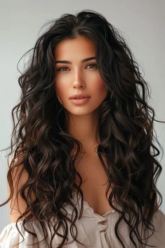 Long Haircuts Dark Hair, Long Hair With Loose Curls, Long Hair Waves Hairstyles, Brown Long Hair Styles, Simple Braids For Long Hair, Tight Curls For Long Hair, Long Dark Hair Styles, Long Dark Curly Hair, Curly Long Hair Styles