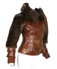 Tom Ford for Gucci F/W 2003 Collection Cognac Color Leather Fur Corset Jacket 42 In Excellent Condition For Sale In Montgomery, TX Fitted Luxury Brown Outerwear, Luxury Fitted Brown Outerwear, Designer Fitted Brown Outerwear, Fur Corset, Corset Jacket, Tom Ford For Gucci, Tom Ford Gucci, Gucci Brand, Cognac Color