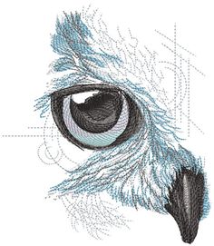 an eye with blue and black feathers on it's iris, drawn by hand