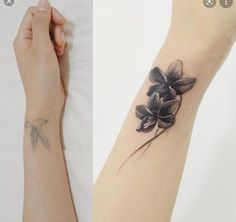 two pictures one with a flower and the other has a tattoo on it's arm