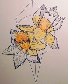 a drawing of a yellow flower on a white paper with geometric shapes in the background