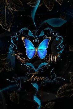 a blue butterfly with the words hope in it's center surrounded by leaves and swirls