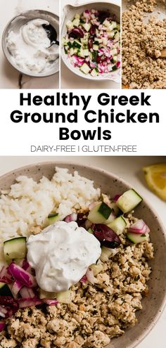 healthy greek ground chicken bowls with yogurt and cucumbers