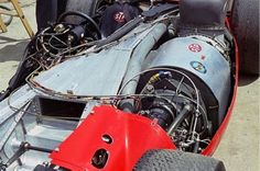 the engine compartment of an old race car