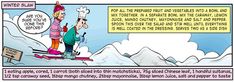 a comic strip with an image of two people on skis talking to each other