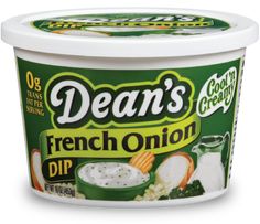 dean's french onion dip in a plastic container on a white background with green lettering