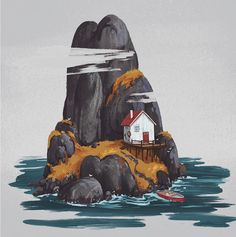 a painting of a house on an island in the middle of the ocean with a boat