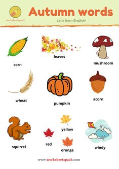 an autumn word list with pictures and words