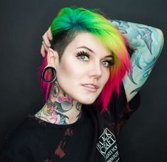 Rainbow Undercut, Rainbow Hair Color Short, Pixie Hawk, Short Rainbow Hair, Short Shoulder Length Hair, Punky Hair, Weird Haircuts, Rainbow Hair Color, Creative Hair Color