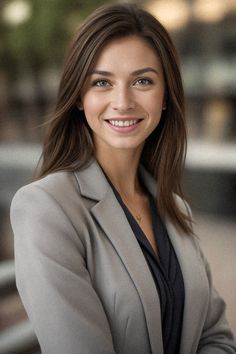 a woman in a gray jacket and black shirt is smiling at the camera with her arms crossed