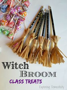 witch brooms and lollipop sticks with text overlay that reads, witch broom classroom class treats