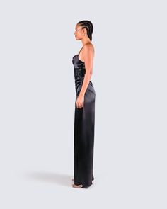 Walk into any room and steal the show in this glamorous two piece look ⭐ This satin black maxi dress is paired with a black sequin corset for a fit that gives off a powerful bad b*tch energy that will be impossible to ignore 🖤 Black Satin Maxi Dress For Prom, Black Satin Maxi Dress For Prom Season, Satin Maxi Dress With Fitted Bodice For Night Out, Floor-length Evening Dress With Corset Back For Night Out, Full Length Party Evening Dress With Corset Back, Glamorous Satin Maxi Dress With Fitted Bodice, Black Satin Maxi Dress For Party, Black Sleeveless Satin Prom Dress, Black Maxi Satin Dress For Party