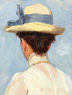 a painting of a woman wearing a white dress and a hat with a blue ribbon on it