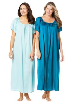 Experience ultimate comfort with our silky smooth nightgowns, crafted from cling-free fabric for a restful sleep each night.Features a charming shirred scoop neck adorned with a dainty rosette, adding a touch of femininity to your nighttime wardrobe.Flutter sleeves create a graceful and relaxed silhouette, ensuring you feel beautiful and unrestrained.Long length design provides full coverage, perfect for all seasons and added comfort.Comes in a convenient set of two, offering lasting value and v