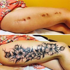 two pictures of the same woman's stomach with flowers on it, and an image of