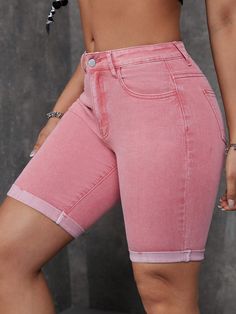 Ladies Rolled-Up Stylish Casual Jeans Shorts Red Casual   Denim Plain Biker Shorts High Stretch  Women Clothing, size features are:Bust: ,Length: ,Sleeve Length: Jeans Casual, Denim Shorts Women, Women Denim Jeans, Casual Denim, Biker Shorts, Casual Jeans, Jeans Shorts, Fashion Online Shop, Denim Women