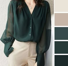 Emerald Green Monochromatic Outfit, Green Professional Outfit, Sage Green Top Outfit, Green Monochromatic Outfit, Base Outfits, Drawing Outfit Ideas, Soft Summer Wardrobe, Buisness Outfits, Green Shirt Outfits