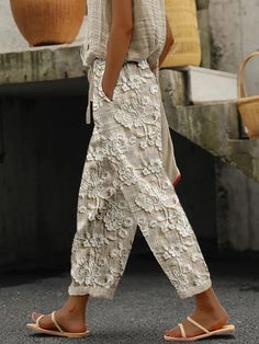 Floral Lace Embroidered Linen Blend Casual Pants