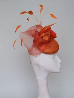 Orange Fascinators, Textile Art Dolls, Barbie Hat, Large Hat, Holiday Hats, Wedding Fascinators, Silk Rose