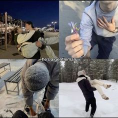 four different pictures with people in the snow and one has a flower on his finger