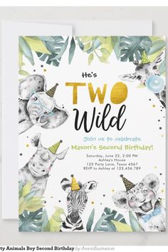 an animal themed birthday party card with the words two wilde on it and zebras, gi