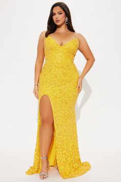 Available In Yellow. Sequin Gown V-Neckline Embellished Spaghetti Straps High Slit Hidden Back Zipper Lined Stretch Self: 95% Polyester 5% Elastane Lining: 100% Polyester Imported | Bella Floral Sequin Gown Dress in Yellow size XL by Fashion Nova Italy Birthday, Yellow Gowns, Sequin Fashion, Yellow Gown, Curvy Plus Size, Sequin Gown, Gown Dress, Yellow Fashion, Matching Dresses