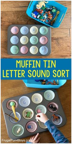 the muffin tin letter sound sort is an easy way to practice letters and numbers