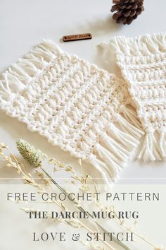 the crochet pattern is shown next to some pine cones and needles on a white surface