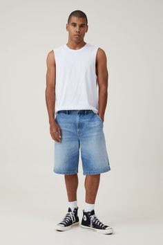 BAGGY CARPENTER SHORT 21 Baggy Shorts, Baggy Denim, Denim Short, Model Ships, Baggy Fits, Cotton On, Mens Denim, Mens Bottom, Denim Shorts