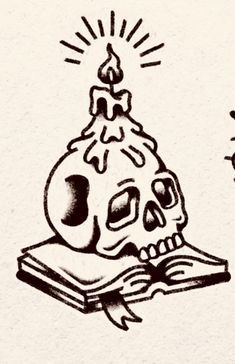 a drawing of a skull with a candle on it's head reading a book