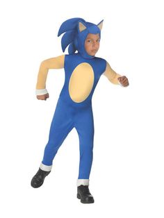 a young boy in a blue sonic costume