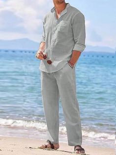 2pcs Linen Feel Casual Loose Fit Men's Outfit: Long Sleeve Shirt And Drawstring Waist Pants Grey Casual    Plain  Non-Stretch  Men Clothing, size features are:Bust: ,Length: ,Sleeve Length: Linen Outfits For Men, Loose Suit, Mens Casual Suits, Drawstring Waist Pants, Europe Fashion, Men Beach, Beach Casual, Suit Style