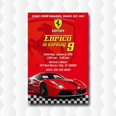 a ferrari birthday party flyer with a racing car on the front and checkered background