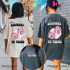 "The Vegas 2023 Girls Trip Shirts are the perfect choice for a stylish and memorable girls' trip to Las Vegas. These shirts feature a trendy design with elements inspired by the Vegas casino scene, such as playing cards, dice, or the iconic \"Welcome to Las Vegas\" sign. With the \"Vegas Casino\" theme, these shirts set the tone for an exciting and fun-filled adventure in the city that never sleeps. Made with high-quality materials, these shirts ensure both comfort and style as you and your friends hit the casinos, explore the Vegas Strip, and create unforgettable memories together. Get ready to roll the dice and make the most of your Vegas girls' trip with the Vegas 2023 Girls Trip Shirts, a perfect keepsake of your fabulous Las Vegas adventure. 💙How To Order?🧡 𝟏. Choose your shirt Siz 21st Birthday Shirts Group Vegas, Birthday Trip Shirts, Vegas Bachelorette Shirts, Colors Birthday Party, Birthday Vegas, Vegas 2023, Bridesmaid Gifts From Bride, Vegas Girls Trip, 21 Bday