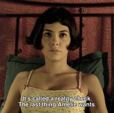 a woman laying in bed with her hand on her hips and the caption reads, it's called a reality check the last thing amelie wants