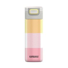 a pink, yellow and white water bottle with the words karbbukka on it