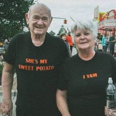 an older man and woman wearing t - shirts that say she's my sweet potato