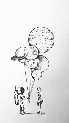 a drawing of two people holding onto some balloons