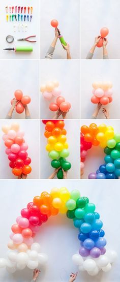 the rainbow balloon arch is being made with balloons and some other things to make it look like