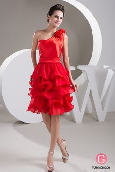 One Shoulder Ruffled Bridesmaid Dress, One Shoulder Ruffled Dress For Wedding And Prom, One Shoulder Ruffle Dress For Wedding Prom Season, Red One Shoulder Dress For Wedding, Short Chiffon Wedding Dress, Delicate Gown, A Line Cocktail Dress, Ruffle Wedding Dress, Satin Cocktail Dress