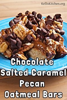 chocolate salted caramel pecan oatmeal bars on a blue plate